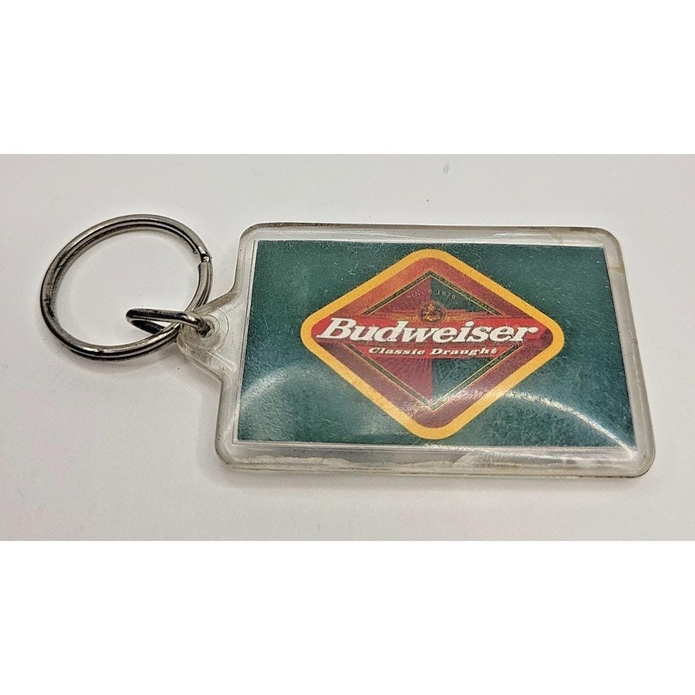 Budweiser Classic Draught Beer Acrylic Vintage Keychain Fob Ring Green Logo